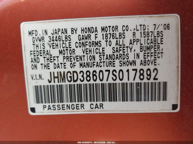 45388974 :رقم المزاد ، JHMGD38607S017892 vin ، 2007 Honda Fit Sport مزاد بيع