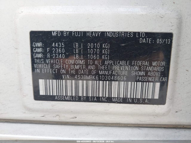 Продаж на аукціоні авто 2013 Subaru Legacy 2.5i Limited, vin: 4S3BMBK61D3048606, номер лоту: 45389003