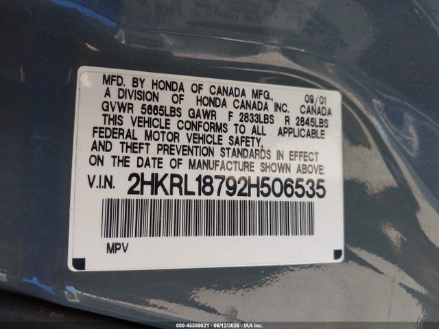 Продаж на аукціоні авто 2002 Honda Odyssey Ex-l, vin: 2HKRL18792H506535, номер лоту: 45389021