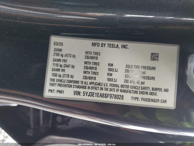 Aukcja sprzedaży 2025 Tesla Model 3 Long Range Rear-wheel Drive/standard Rear-wheel Drive, vin: 5YJ3E1EA8SF978028, numer aukcji: 45389030