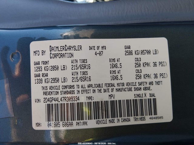 45389043 :رقم المزاد ، 2D4GP44L47R309334 vin ، 2007 Dodge Grand Caravan Sxt مزاد بيع