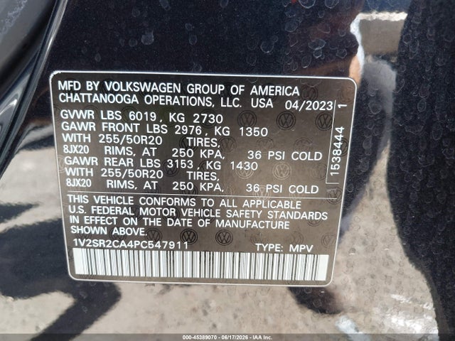 1V2SR2CA4PC547911 Volkswagen Atlas 3.6l V6 Sel R-line Black