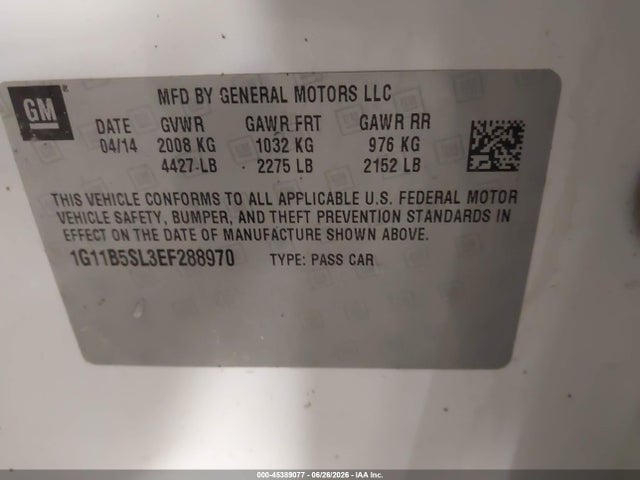 45389077 :رقم المزاد ، 1G11B5SL3EF288970 vin ، 2014 Chevrolet Malibu 1ls مزاد بيع