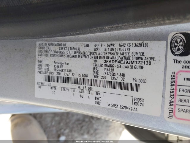 Aukcja sprzedaży 2018 Ford Fiesta Se, vin: 3FADP4EJ9JM122138, numer aukcji: 45389079