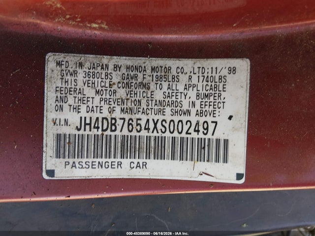 45389090 :رقم المزاد ، JH4DB7654XS002497 vin ، 1999 Acura Integra Ls مزاد بيع