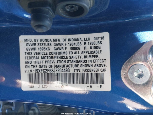 Honda Civic Lx 2018 19XFC2F53JE204493 Image 9