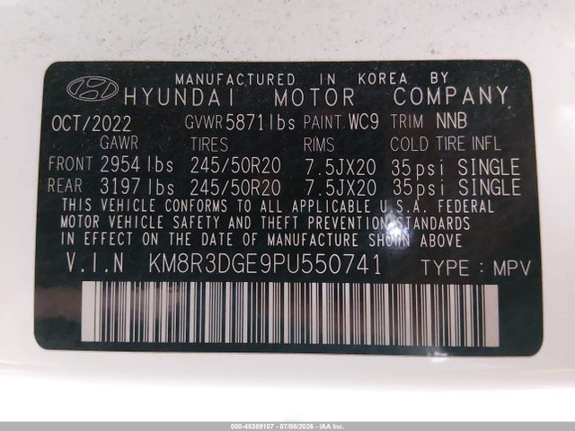 45389107 :رقم المزاد ، KM8R3DGE9PU550741 vin ، 2023 Hyundai Palisade Xrt مزاد بيع