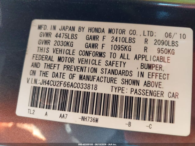 Aukcja sprzedaży 2010 Acura Tsx 2.4, vin: JH4CU2F66AC033818, numer aukcji: 45389108