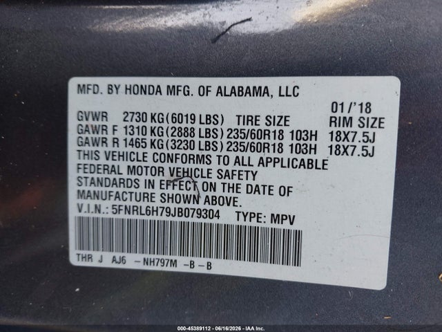 Honda Odyssey Ex-l 2018 5FNRL6H79JB079304 Image 9