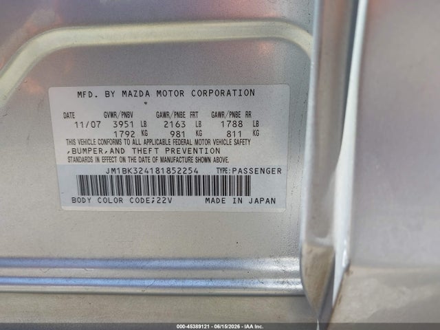 Aukcja sprzedaży 2008 Mazda Mazda3 S Sport, vin: JM1BK324181852254, numer aukcji: 45389121