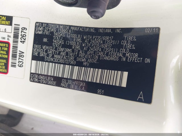 Auction sale of the 2011 Toyota Sienna Xle V6, vin: 5TDYK3DCXBS127969, lot number: 45389124
