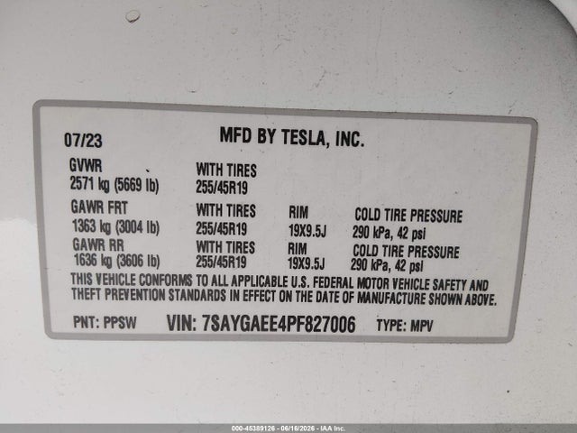 Продаж на аукціоні авто 2023 Tesla Model Y Awd/long Range Dual Motor All-wheel Drive, vin: 7SAYGAEE4PF827006, номер лоту: 45389126