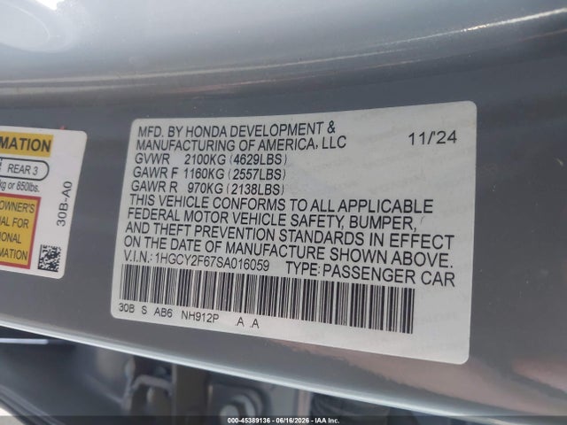 1HGCY2F67SA016059 Honda Accord Hybrid Ex-l