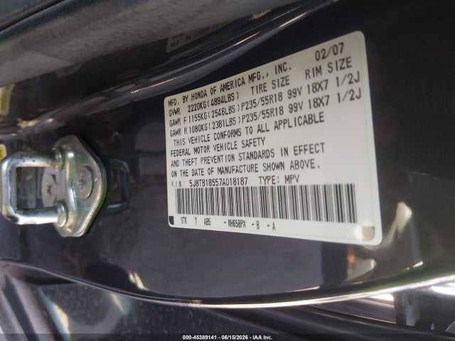 2007 Acura Rdx მანქანა იყიდება აუქციონზე, vin: 5J8TB18557A018187, აუქციონის ნომერი: 45389141