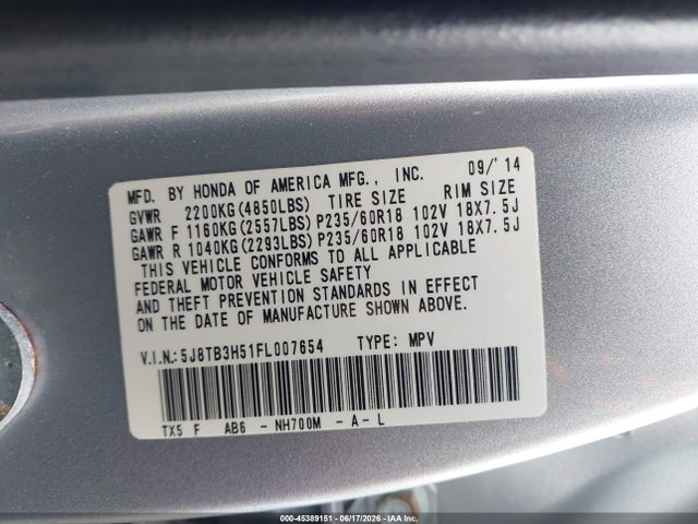 2015 Acura Rdx მანქანა იყიდება აუქციონზე, vin: 5J8TB3H51FL007654, აუქციონის ნომერი: 45389151