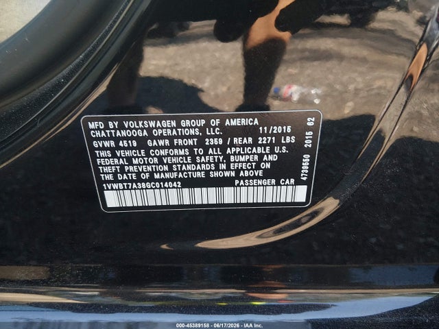 Продажа на аукционе авто 2016 Volkswagen Passat 1.8t Se, vin: 1VWBT7A38GC014042, номер лота: 45389158