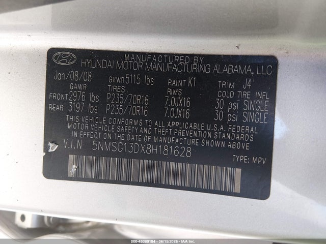 Aukcja sprzedaży 2008 Hyundai Santa Fe Gls, vin: 5NMSG13DX8H181628, numer aukcji: 45389184