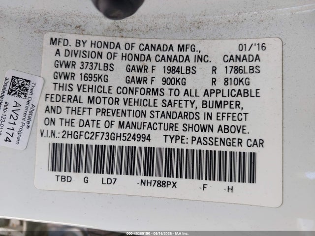 2HGFC2F73GH524994 Honda CIVIC EX