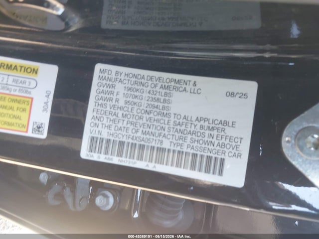 1HGCY1F4XSA057178 Honda ACCORD SE