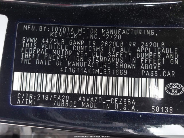 4T1G11AK1MU531669 Toyota CAMRY SE