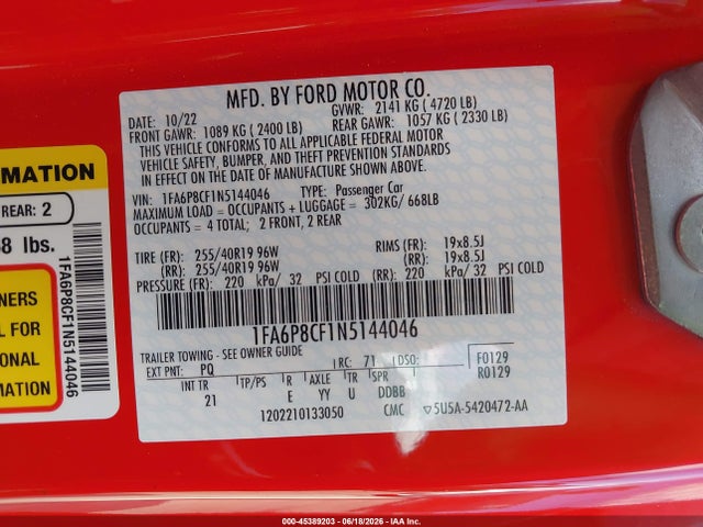 45389203 :رقم المزاد ، 1FA6P8CF1N5144046 vin ، 2022 Ford Mustang Gt Fastback مزاد بيع