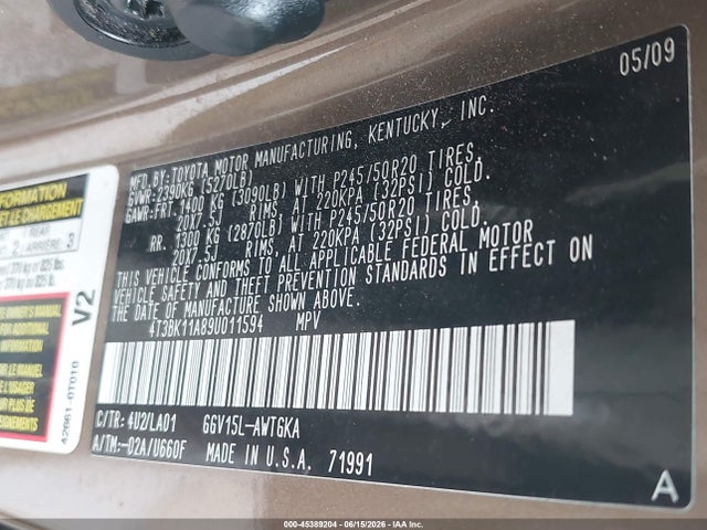 2009 Toyota Venza Base V6 მანქანა იყიდება აუქციონზე, vin: 4T3BK11A89U011594, აუქციონის ნომერი: 45389204