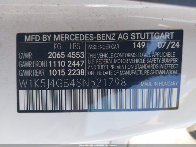 Aukcja sprzedaży 2025 Mercedes-benz Cla 250 Coupe, vin: W1K5J4GB4SN521798, numer aukcji: 45389220