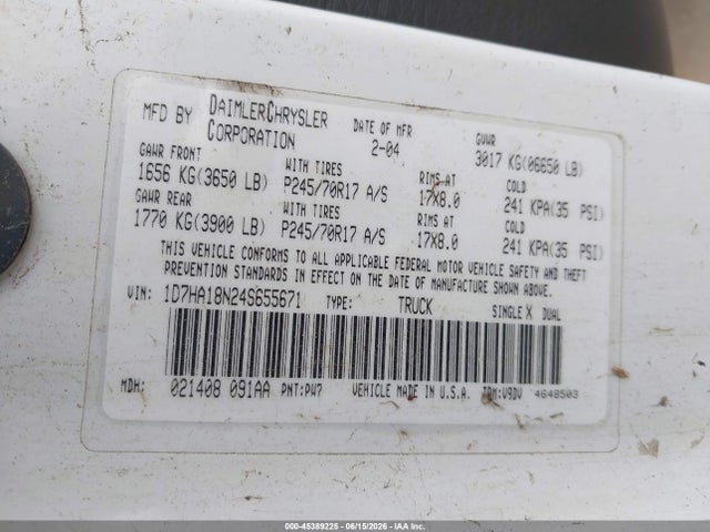 Aukcja sprzedaży 2004 Dodge Ram 1500 Slt/laramie, vin: 1D7HA18N24S655671, numer aukcji: 45389225