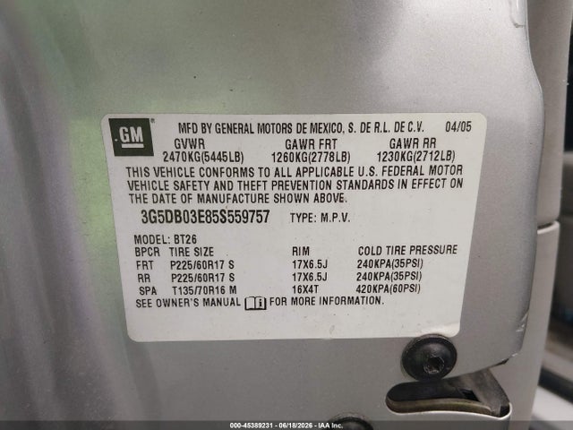 Aukcja sprzedaży 2005 Buick Rendezvous Cx, vin: 3G5DB03E85S559757, numer aukcji: 45389231
