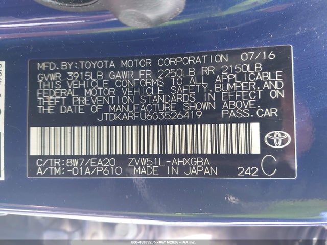 Toyota Prius Four 2016 JTDKARFU6G3526419 Image 9