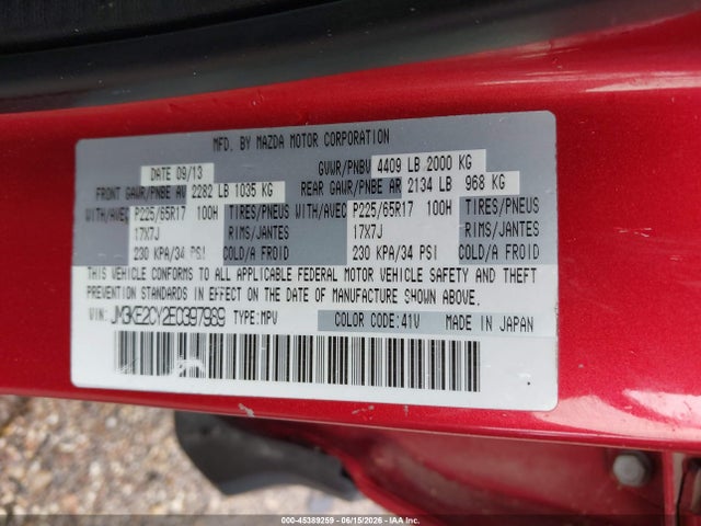45389259 :رقم المزاد ، JM3KE2CY2E0397989 vin ، 2014 Mazda Cx-5 Touring مزاد بيع