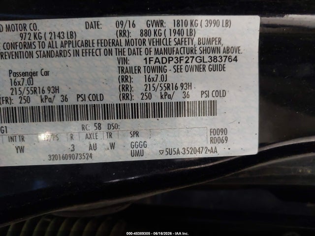 45389305 :رقم المزاد ، 1FADP3F27GL383764 vin ، 2016 Ford Focus Se مزاد بيع