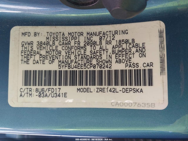 Продаж на аукціоні авто 2012 Toyota Corolla S, vin: 5YFBU4EE5CP070242, номер лоту: 45389316