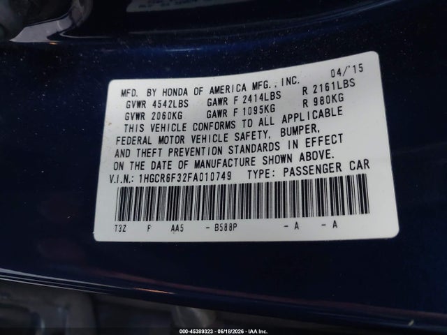 Продажа на аукционе авто 2015 Honda Accord Hybrid, vin: 1HGCR6F32FA010749, номер лота: 45389323