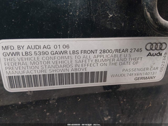 Продаж на аукціоні авто 2006 Audi A6 4.2, vin: WAUDL74FX6N140131, номер лоту: 45389350