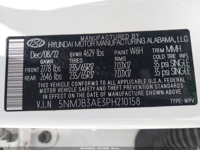 Aukcja sprzedaży 2023 Hyundai Tucson Sel, vin: 5NMJB3AE3PH210158, numer aukcji: 45389353