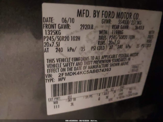 45389354 :رقم المزاد ، 2FMDK4KC5ABB74393 vin ، 2010 Ford Edge Limited مزاد بيع
