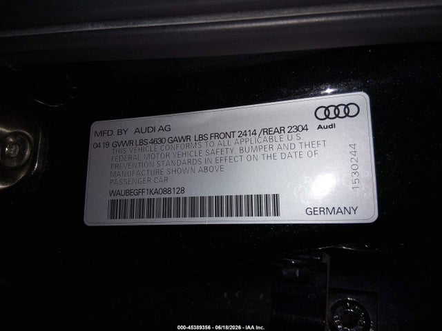 45389356 :رقم المزاد ، WAUBEGFF1KA088128 vin ، 2019 Audi A3 45 Premium مزاد بيع
