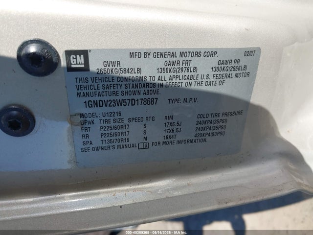Продаж на аукціоні авто 2007 Chevrolet Uplander Ls Fleet, vin: 1GNDV23W57D178687, номер лоту: 45389365