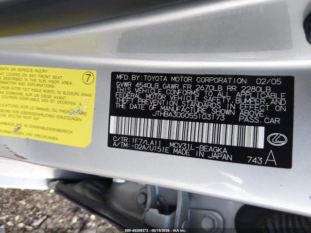 Продажа на аукционе авто 2005 Lexus Es 330, vin: JTHBA30G055103173, номер лота: 45389373