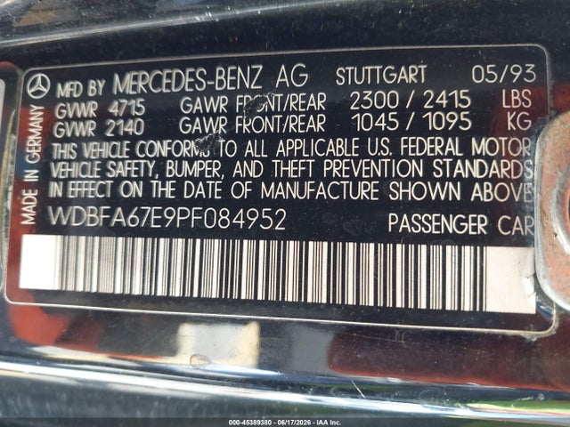 Продаж на аукціоні авто 1993 Mercedes-benz 500 Sl, vin: WDBFA67E9PF084952, номер лоту: 45389380