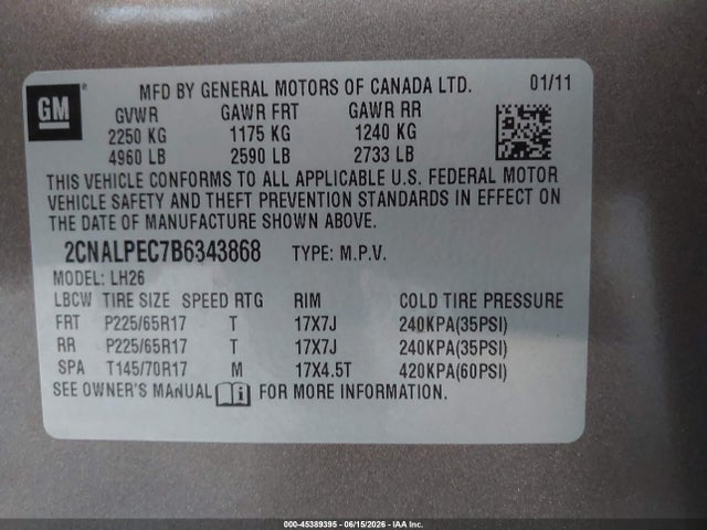 45389395 :رقم المزاد ، 2CNALPEC7B6343868 vin ، 2011 Chevrolet Equinox Lt W/2lt مزاد بيع