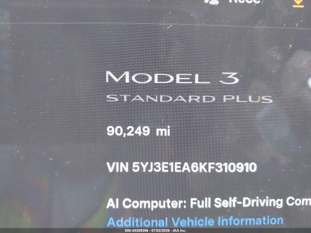 Aukcja sprzedaży 2019 Tesla Model 3 Long Range/mid Range/standard Range/standard Range Plus, vin: 5YJ3E1EA6KF310910, numer aukcji: 45389396