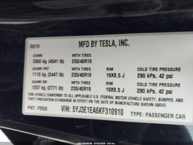 Aukcja sprzedaży 2019 Tesla Model 3 Long Range/mid Range/standard Range/standard Range Plus, vin: 5YJ3E1EA6KF310910, numer aukcji: 45389396