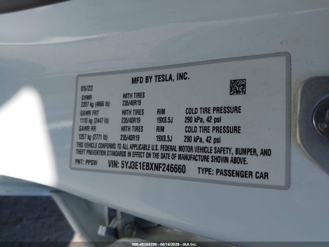 Продаж на аукціоні авто 2022 Tesla Model 3 Long Range Dual Motor All-wheel Drive, vin: 5YJ3E1EBXNF246660, номер лоту: 45389399