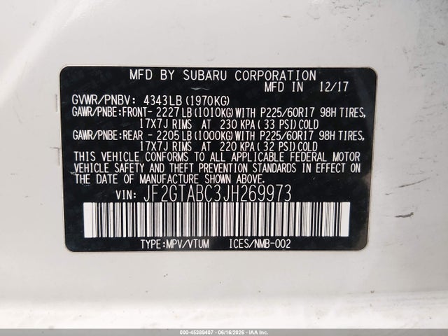 45389407 :رقم المزاد ، JF2GTABC3JH269973 vin ، 2018 Subaru Crosstrek 2.0i Premium مزاد بيع