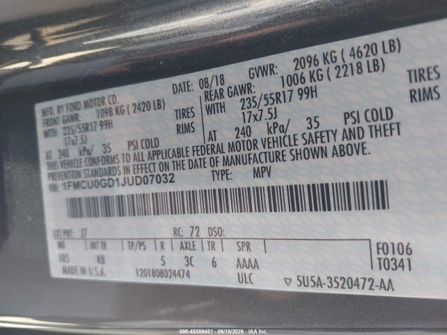 Ford ESCAPE SE 2018 1FMCU0GD1JUD07032 Image 9