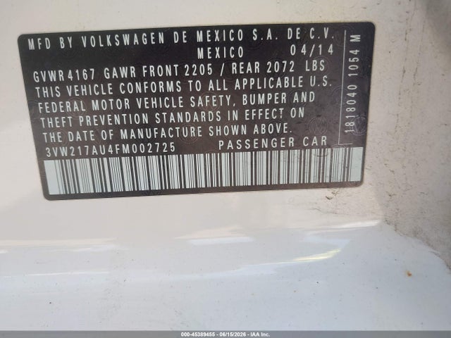 45389455 :رقم المزاد ، 3VW217AU4FM002725 vin ، 2015 Volkswagen Golf Tsi Sel 4-door مزاد بيع