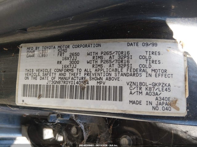 2000 Toyota 4runner Limited V6 მანქანა იყიდება აუქციონზე, vin: JT3GN87R0Y0140584, აუქციონის ნომერი: 45389461