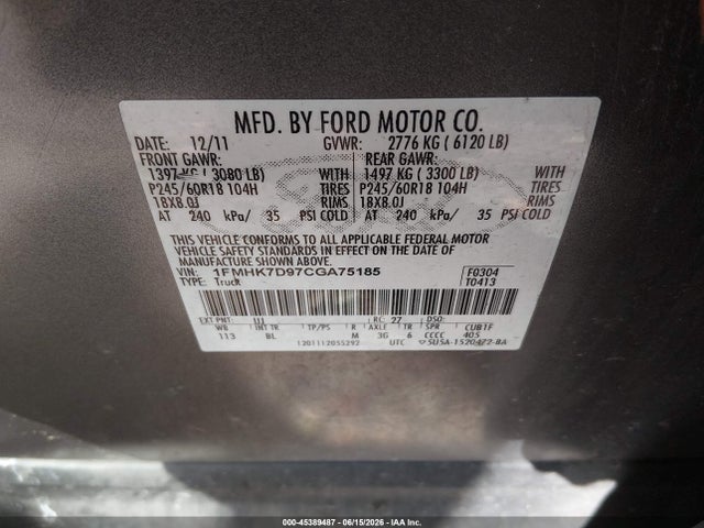 Aukcja sprzedaży 2012 Ford Explorer Xlt, vin: 1FMHK7D97CGA75185, numer aukcji: 45389487